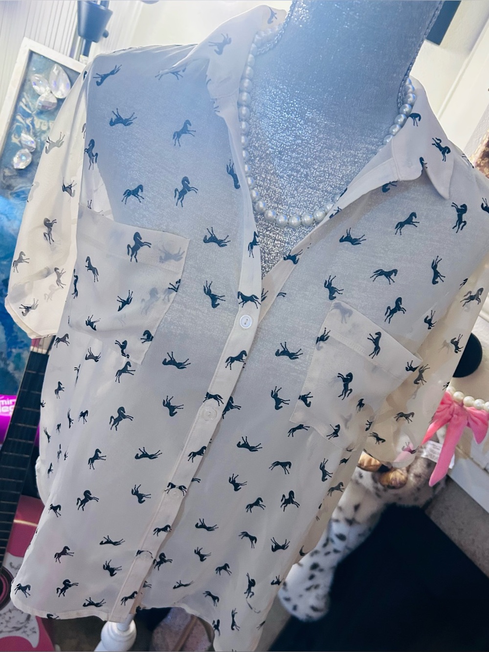 Lush Cream Short-Sleeve Button-Down Shirt with Black Horse Print